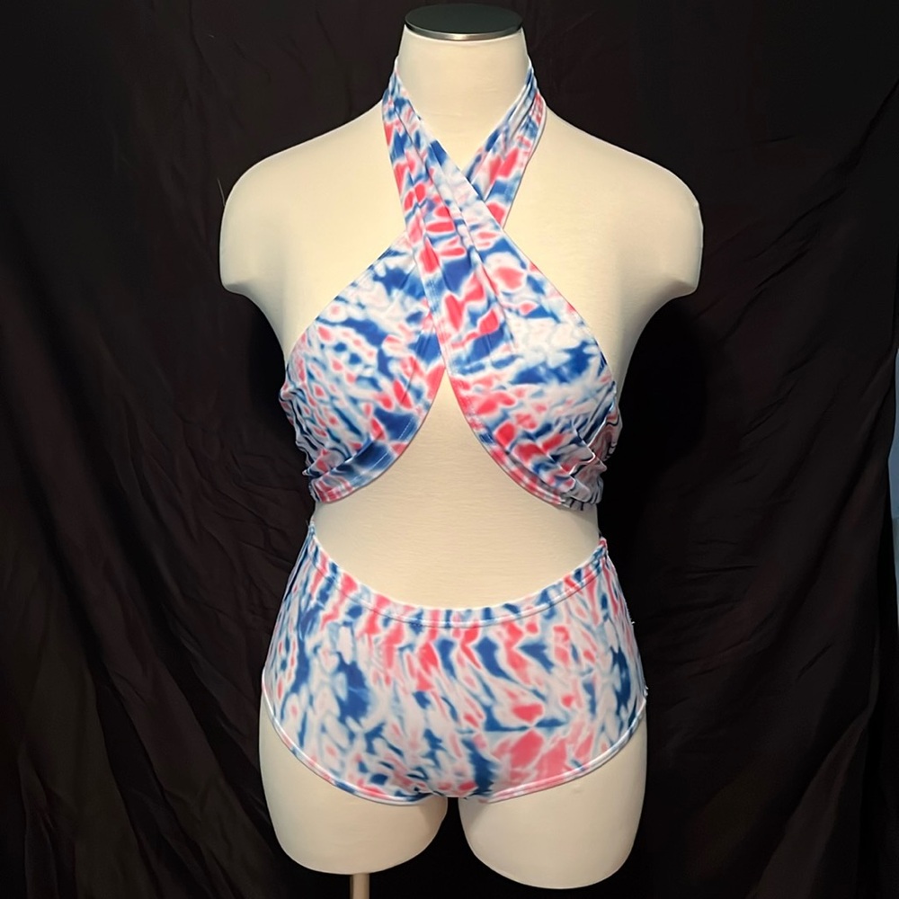 Vintage Tie Dye 2 piece Wrap Swimsuit-Pink & Blue
